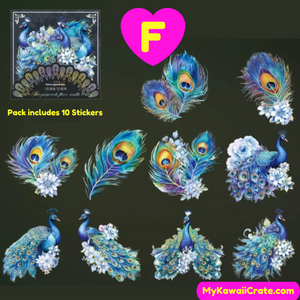 Colorful Feathers Peacocks Laser Gold Decorative Stickers 10 Pc Set