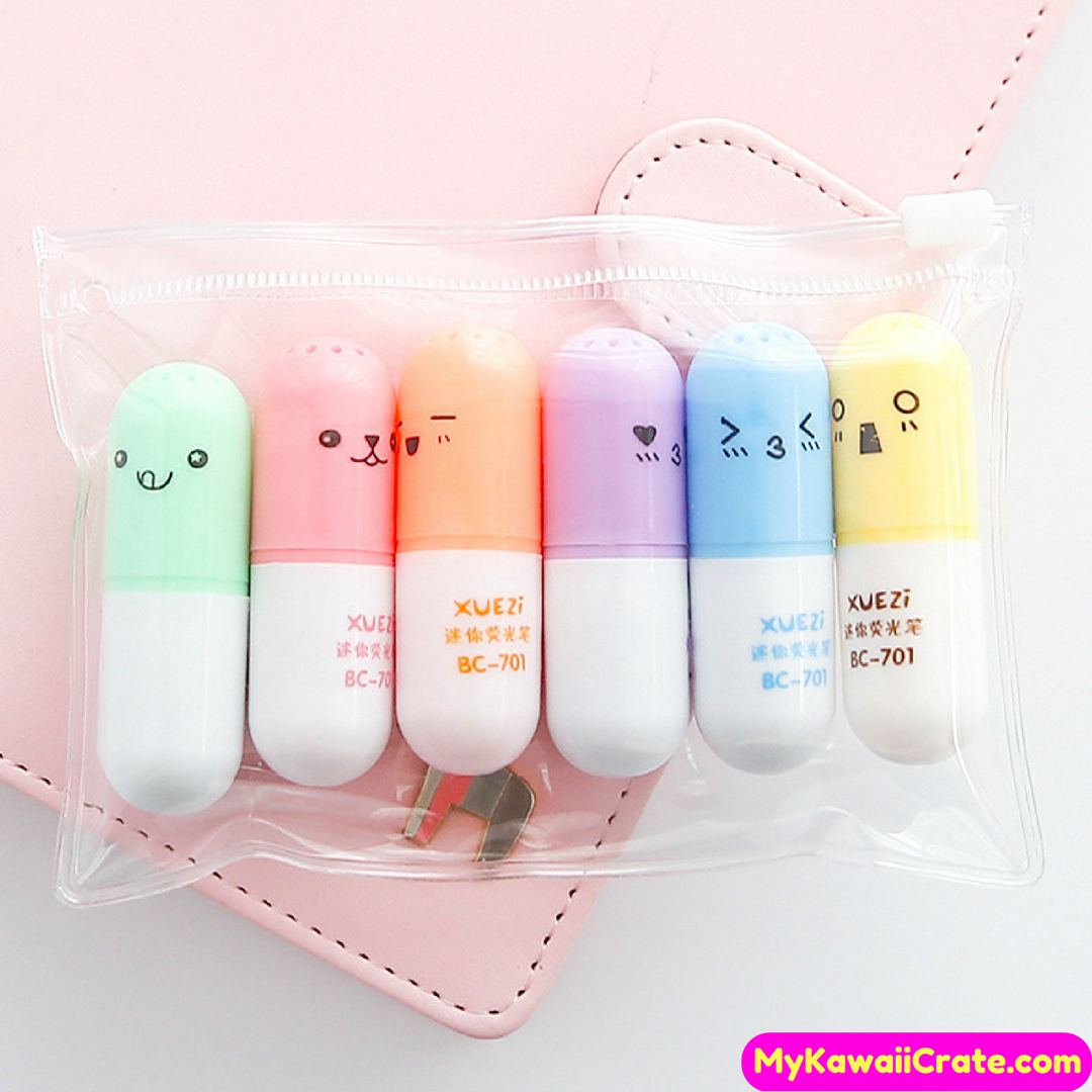 6 Pc Cute Happy Pill Mini Highlighter Set – MyKawaiiCrate