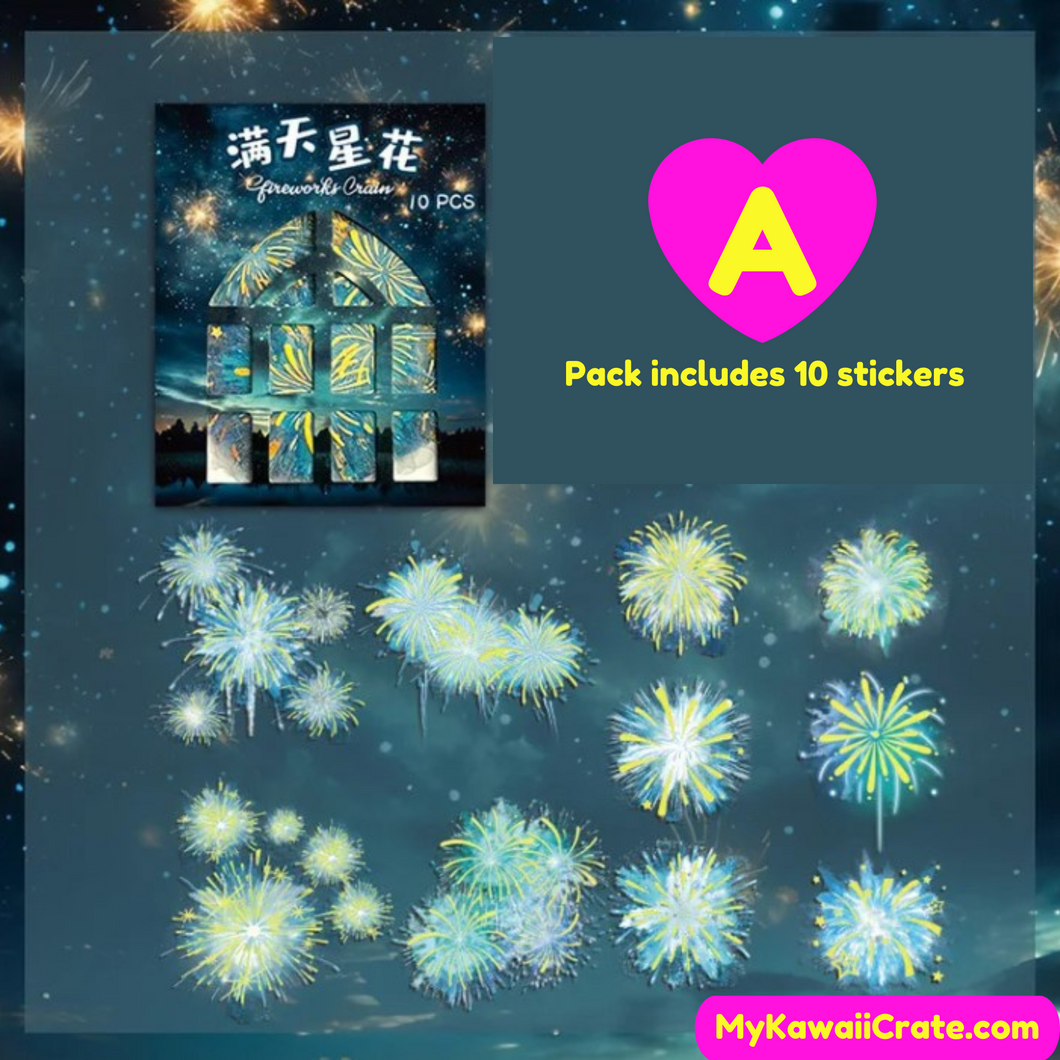 Colorful Fireworks Laser Textured Waterproof Stickers 10 Pc Pack