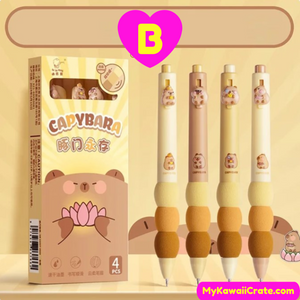 Kawaii Cartoon Panda Capybara Dessert Soft Grip Retractable Gel Pens 4 Pc Set