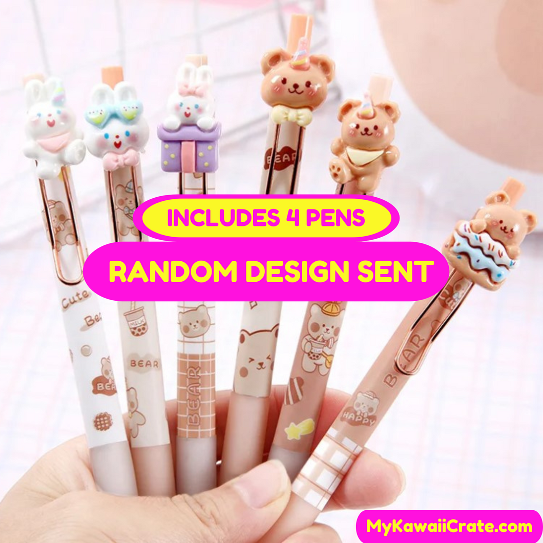 Kawaii Cute Bear Rabbit Retractable Gel Pens 4 Pc Set