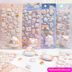 Kawaii Cute Cats 3D Puffy Stickers with Squishy Pendant 2 Sheets Set