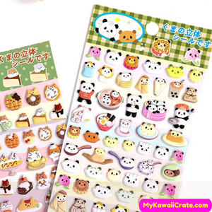 Kawaii Pastry Bears Cute Food Puffy Stickers 4 Sheets Set