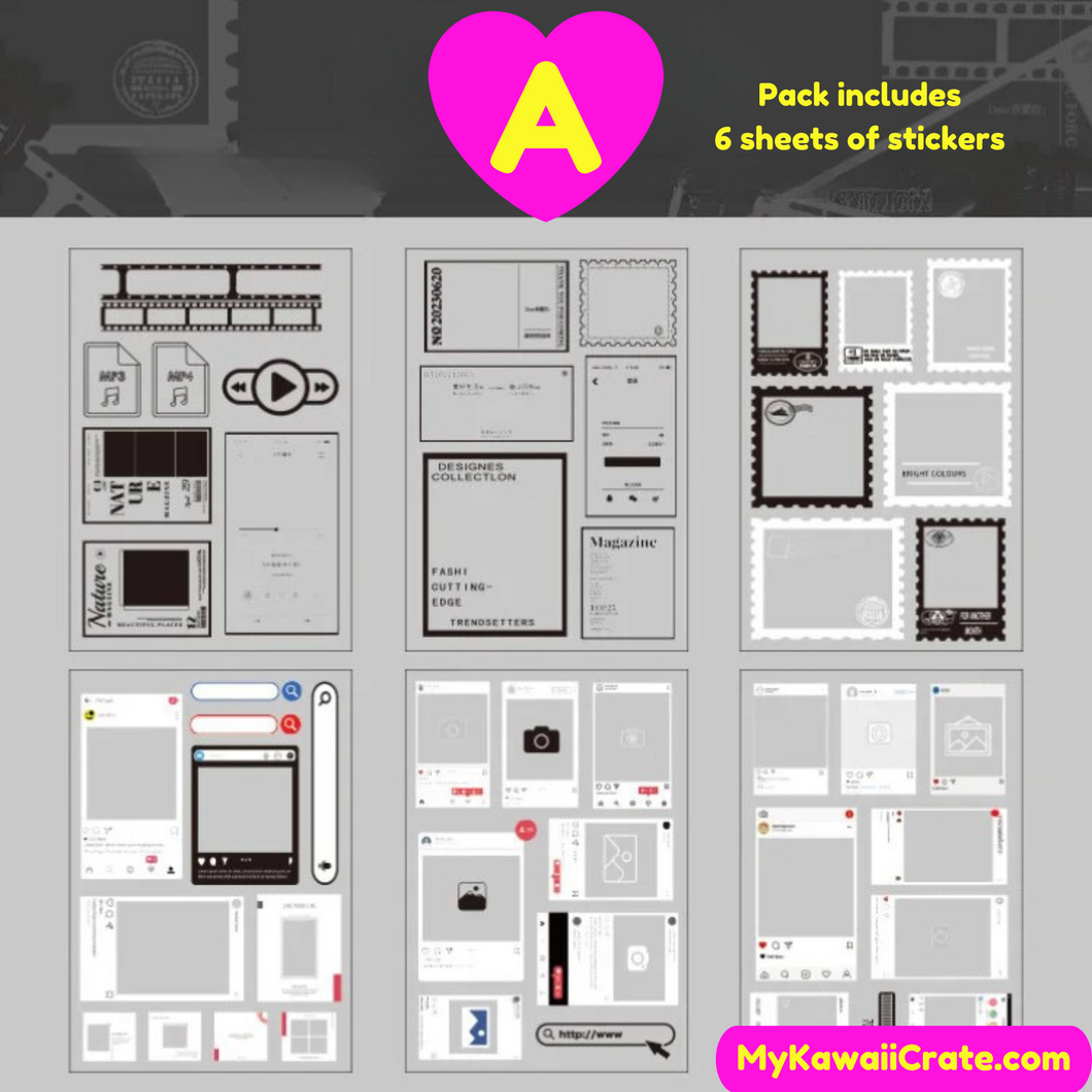 Photo Film Camera Frames Social Media Photography Stickers 6 Sheets Set