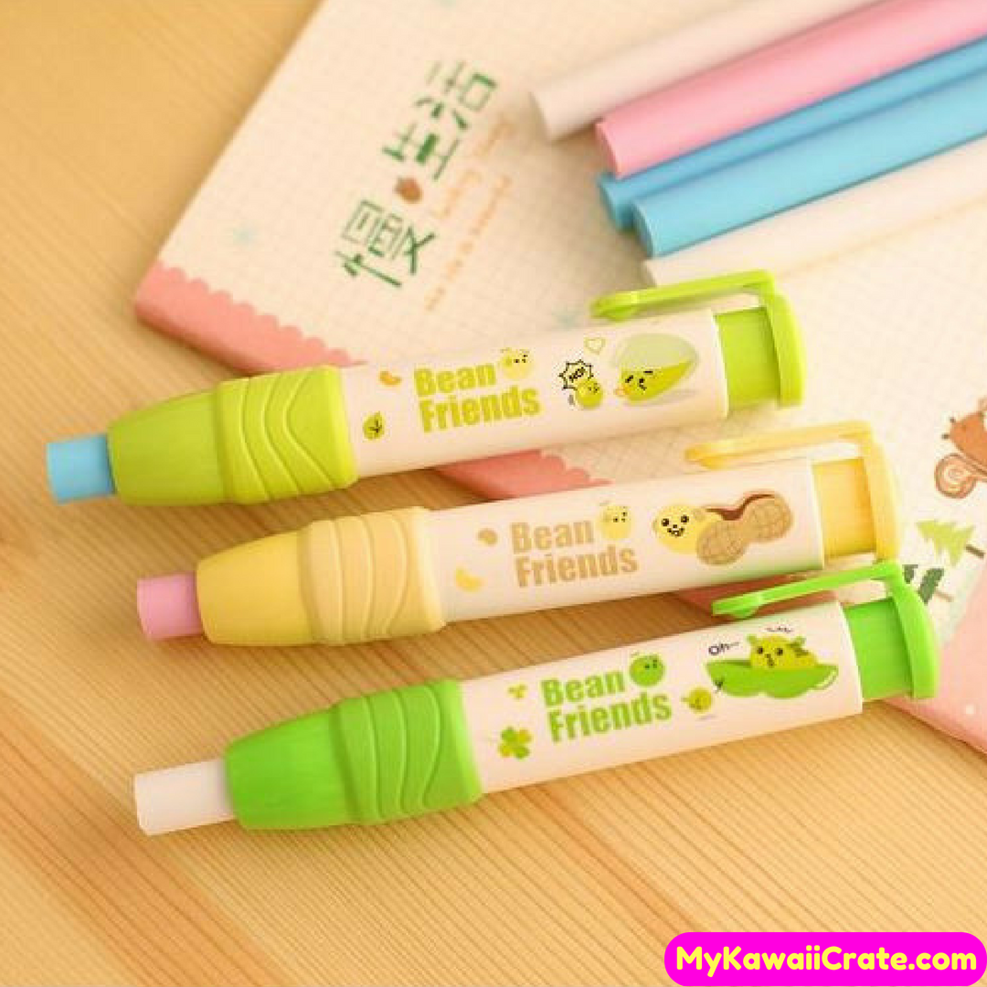 Kawaii Bean Friends Press Style Pencil Eraser and Refills Pack –  MyKawaiiCrate