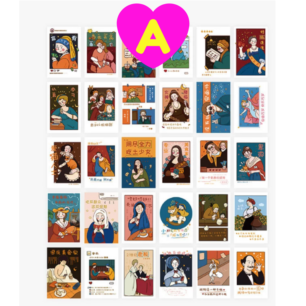 Famous Paintings Cartoon Style Postcards 30 Pc Set
