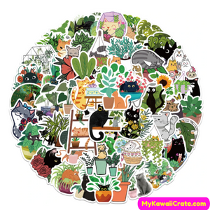 Kawaii Black Cat Garden Waterproof Stickers 50 Pc Set