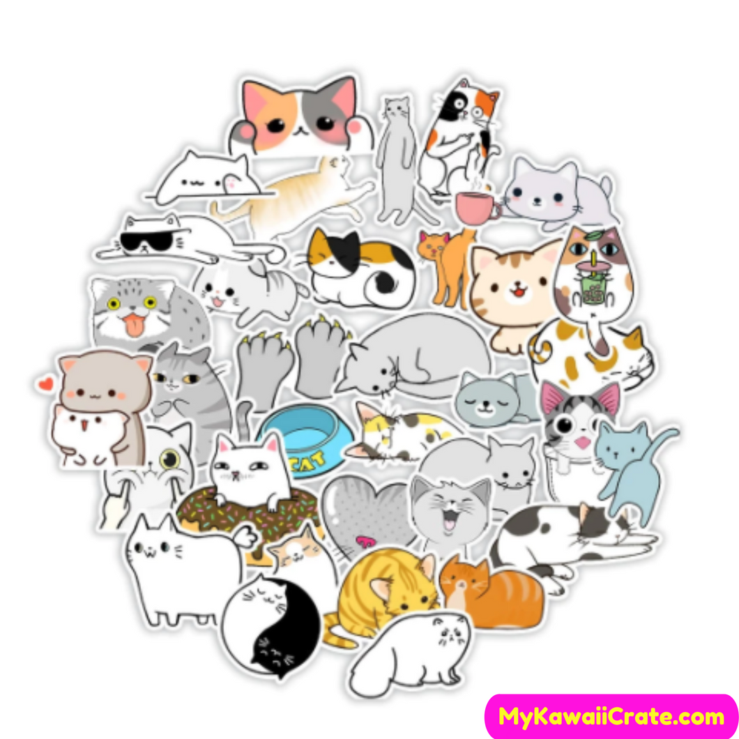 Cute Cat Stickers PNG, Cat Kawaii Stickers Set