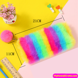 Kawaii Rainbow Pompon Plush Pencil Bag